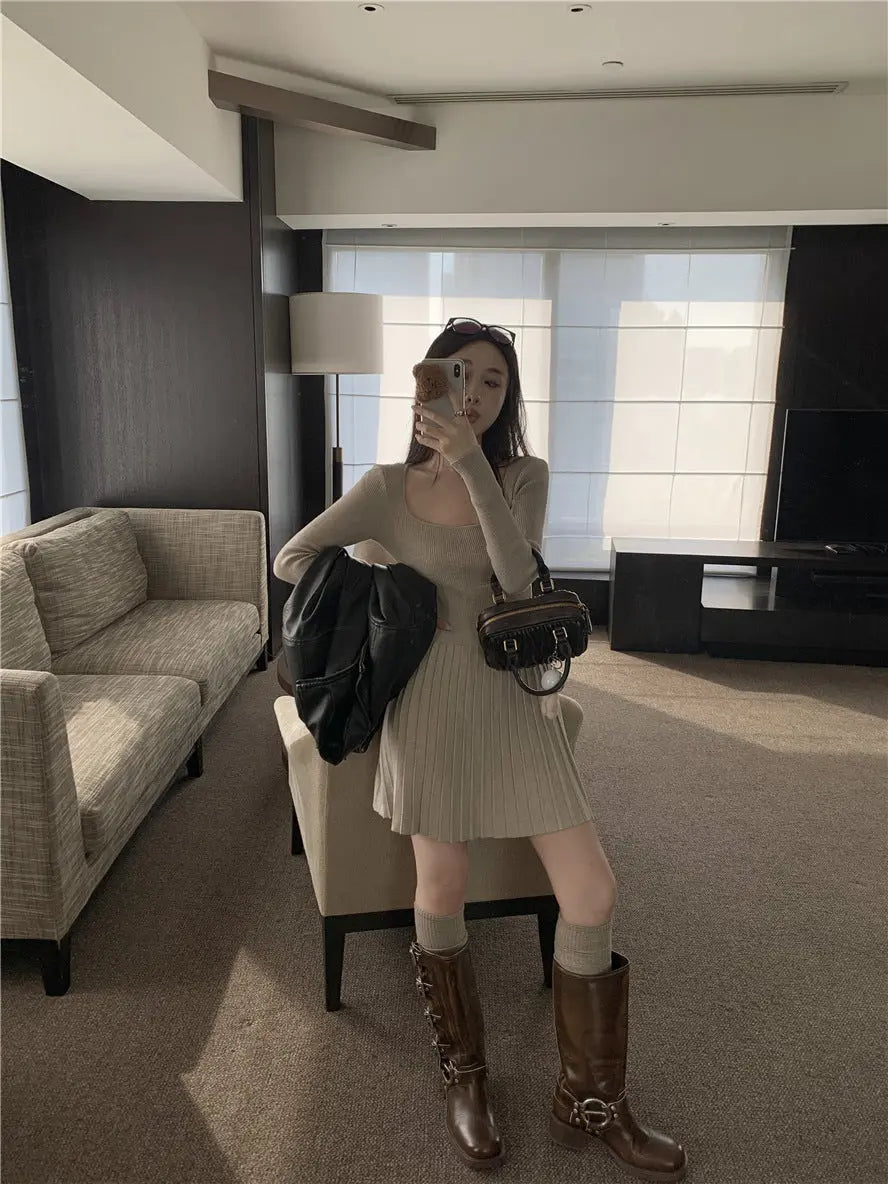 Womens Slim Fit Pleated Long Sleeve Dress Dropshipman