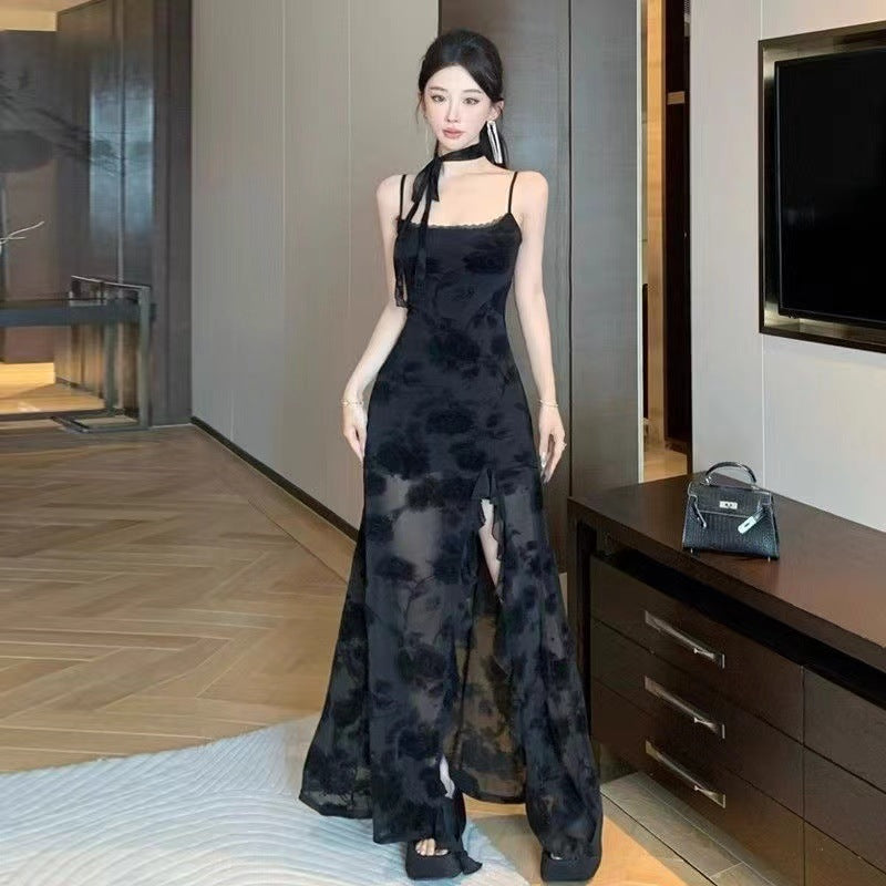 French Style Black Lace Slip Dress - Bverse