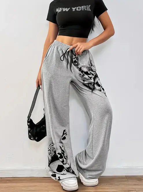 Womens Casual Wide-leg Pants With A Charcoal-colored Tire-track Pattern Dropshipman