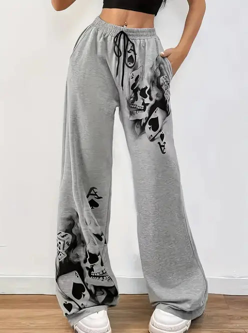 Womens Casual Wide-leg Pants With A Charcoal-colored Tire-track Pattern Dropshipman