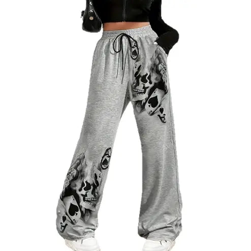 Womens Casual Wide-leg Pants With A Charcoal-colored Tire-track Pattern Dropshipman