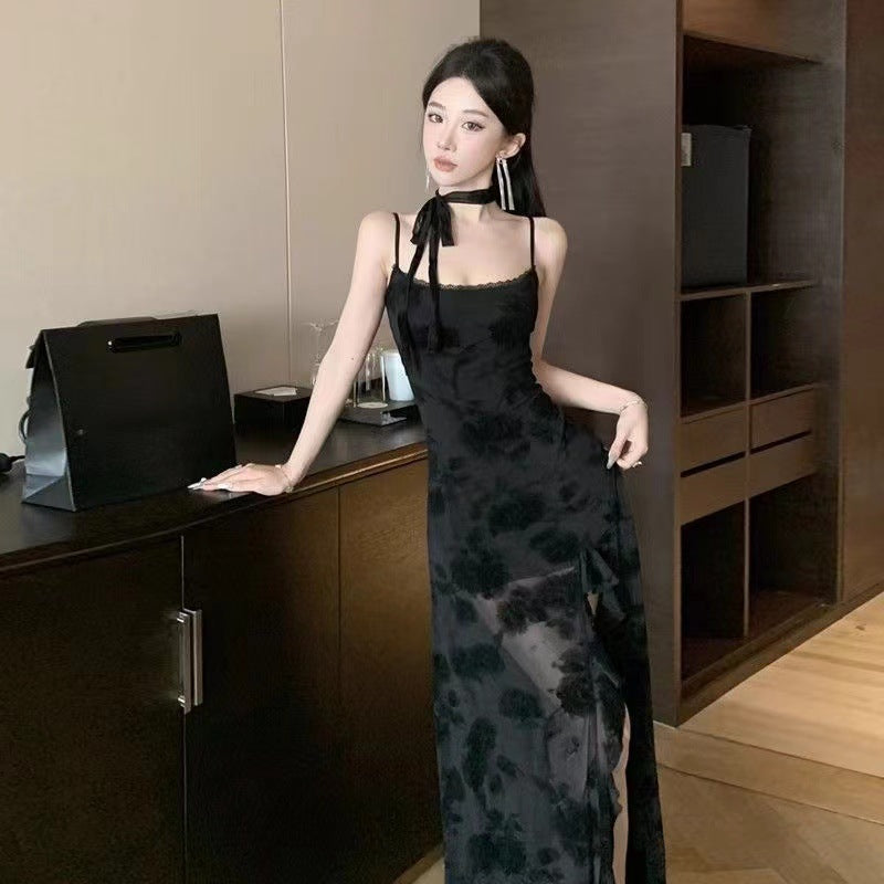 French Style Black Lace Slip Dress - Bverse